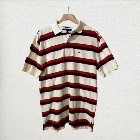 Tommy Hilfiger Striped Polo Shirt Multicolor Size L Short Sleeve Y2K Preppy Flag - Picture 1 of 7